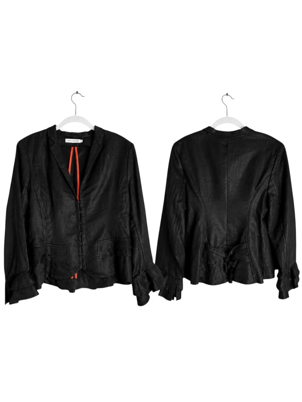 Anne Fontaine Black Herringbone Ruffle Peplum Blazer Jacket Size US 10